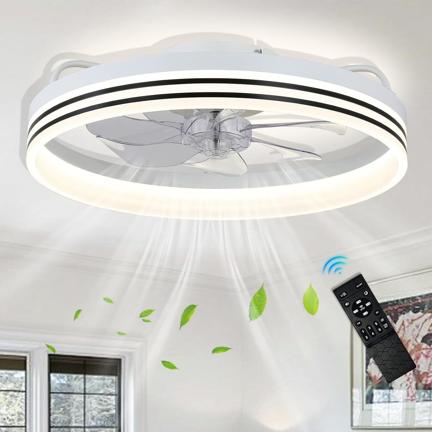 White LED Ceiling Fan, 6 Speeds, Dimmable, Color Change, Remote