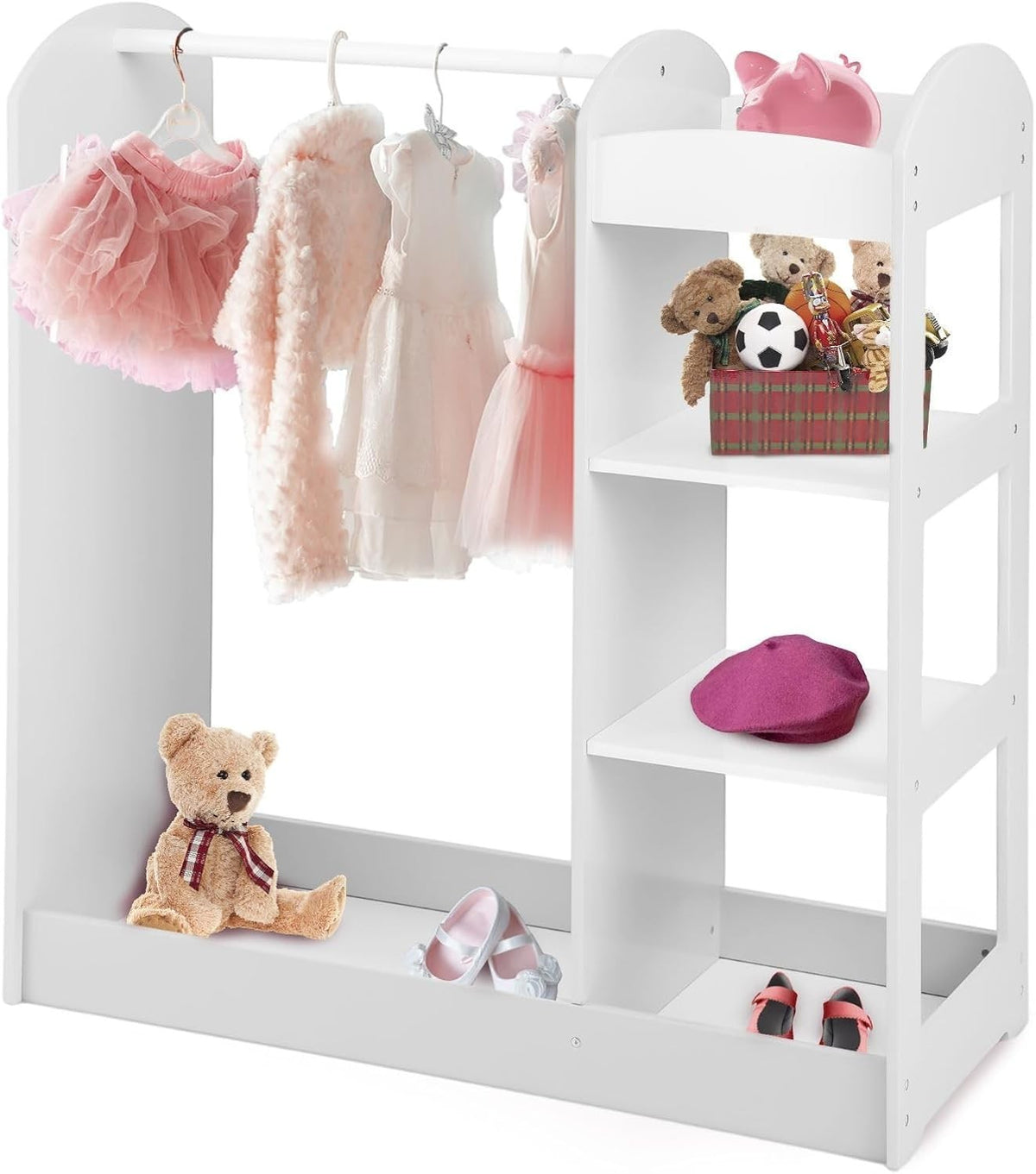 Kids Wooden Wardrobe Dress Up Storage with Mirror Clothes Rail Shelves White