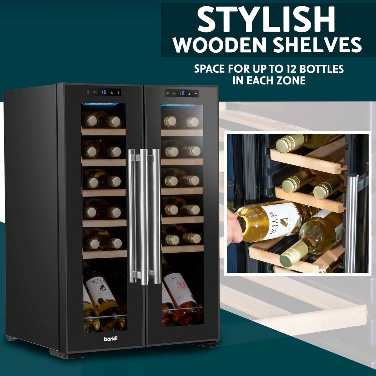 24 Bottle Dual Zone Wine Cooler Fridge Touch Screen LED Mirror Glass Doors