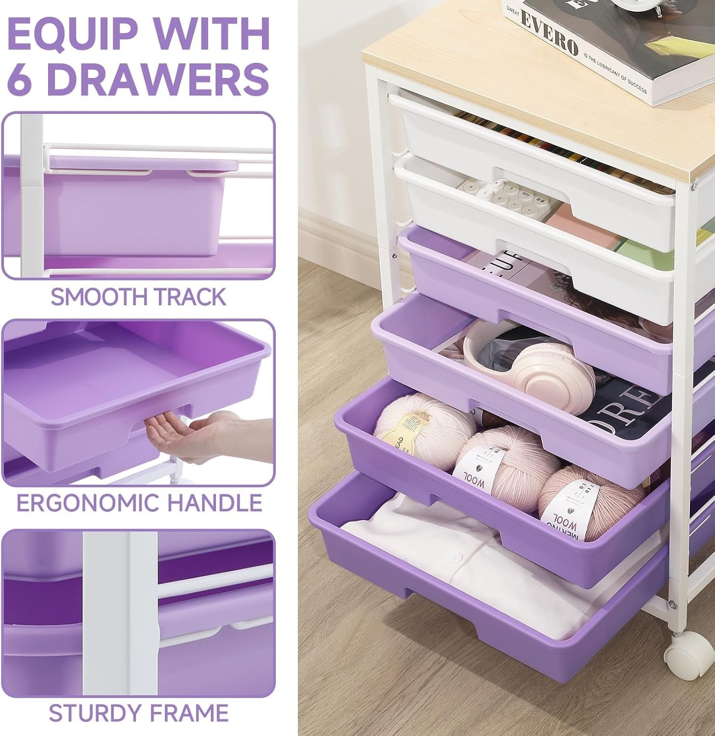 Purple 6 Drawer Rolling Storage Cart Utility Organizer Trolley Wheels