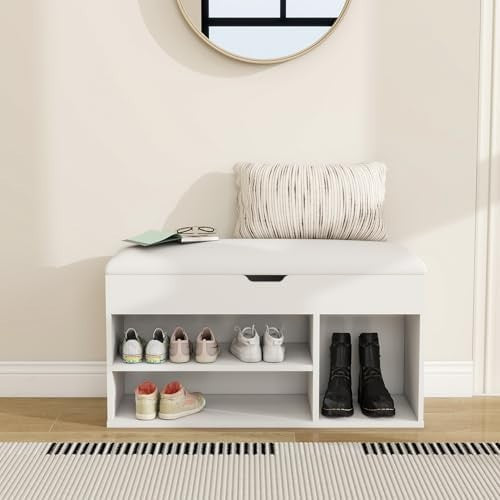 Modern White Shoe Bench with Padded Seat & Hidden Storage | Entryway