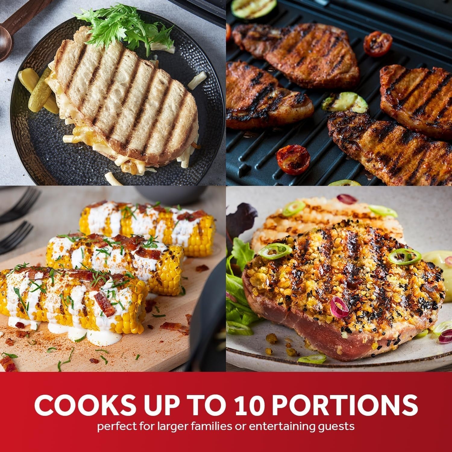 10-Portion Electric Grill & Griddle 57.4x31.7x13.3cm Non-Stick Plates