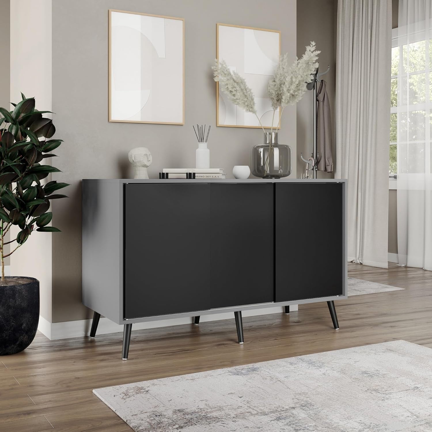 Modern Grey & Black 3 Door Sliding Sideboard Cabinet with Wooden Legs