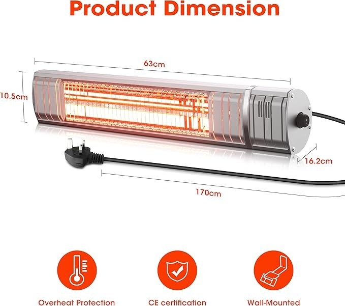 Wall Mounted Electric Patio Heater 2000W IP65 Waterproof Infrared Outdoor
