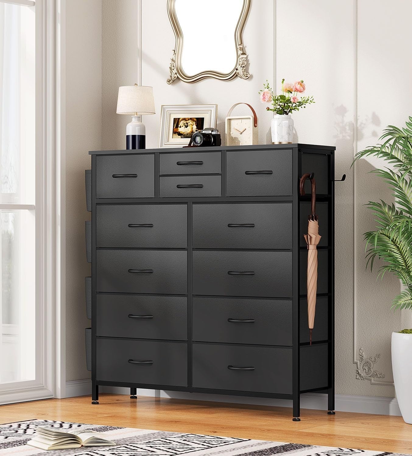 Black 12 Drawer Tall Storage Dresser Fabric Chest Hooks Kids Room Bedroom Hall