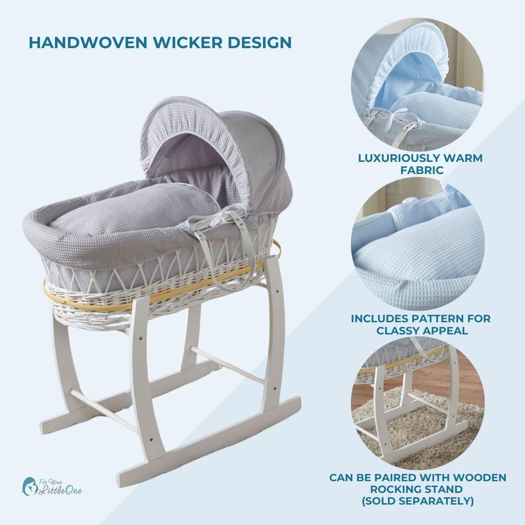 Grey Wicker Moses Basket with Rocking Stand & Mattress Baby Bed Crib Sleeper