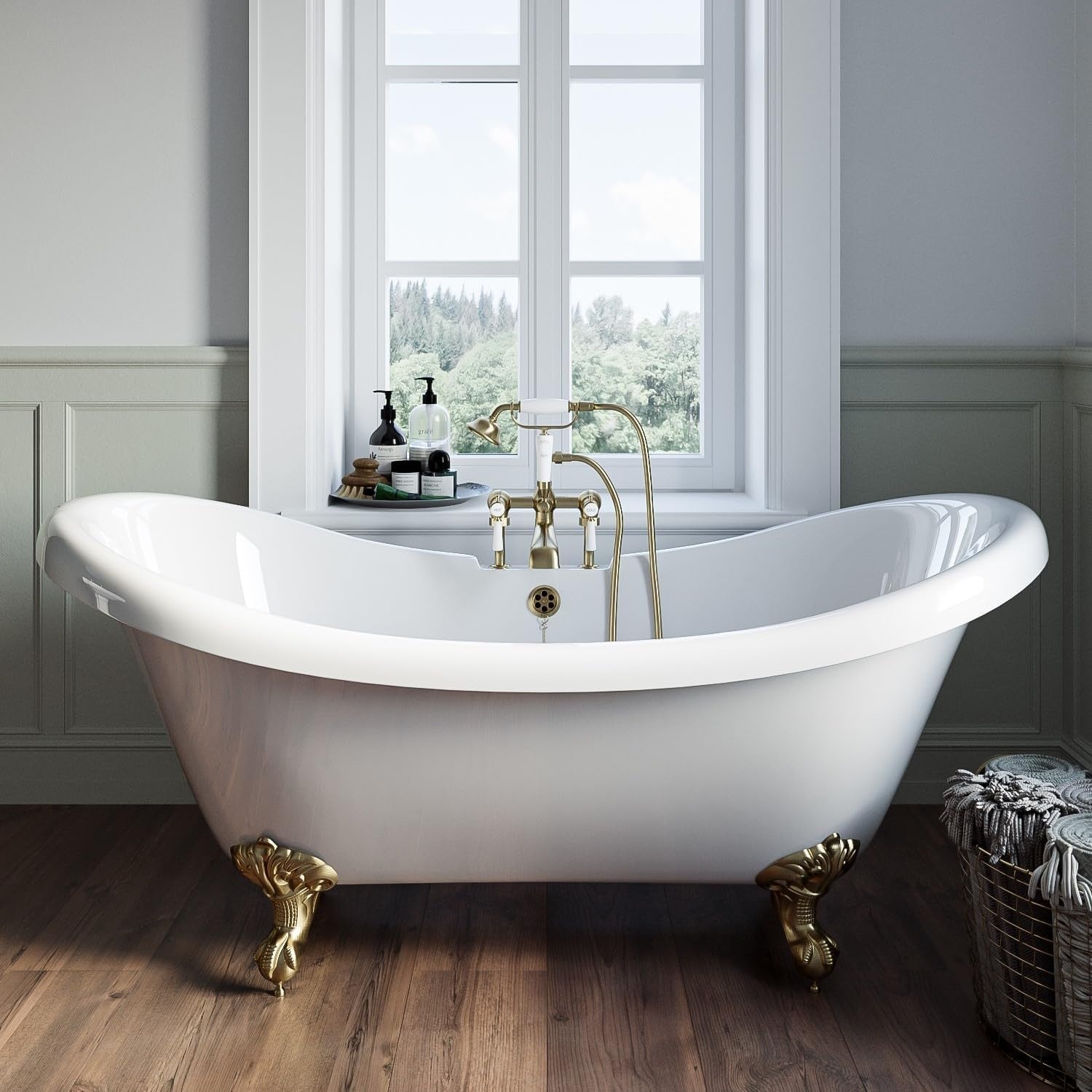 1750x740mm Double Ended Freestanding Roll Top Bath White Acrylic Pink Feet