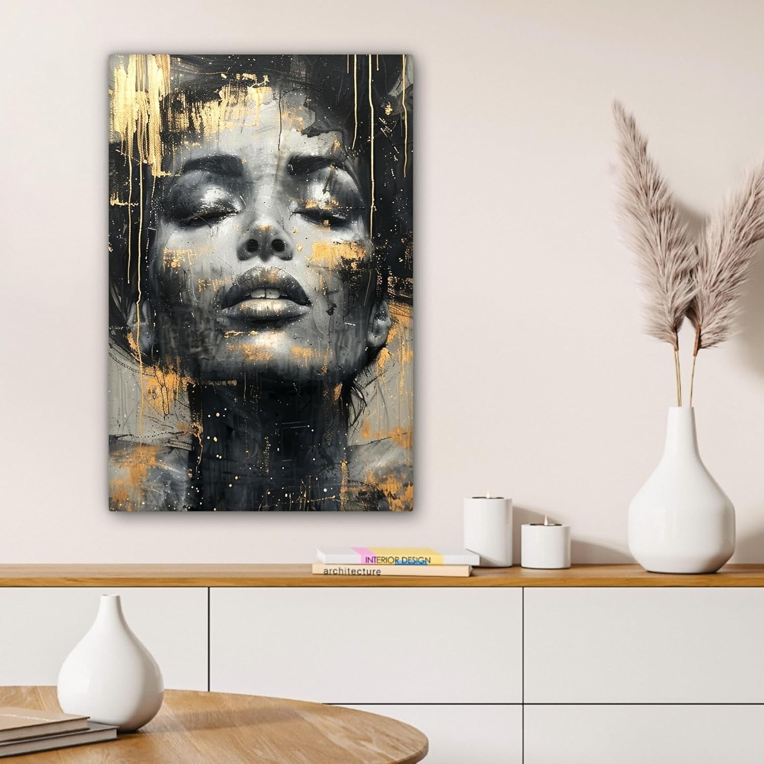 Large Abstract Woman Canvas Wall Art Gold Black 60x90cm Framed