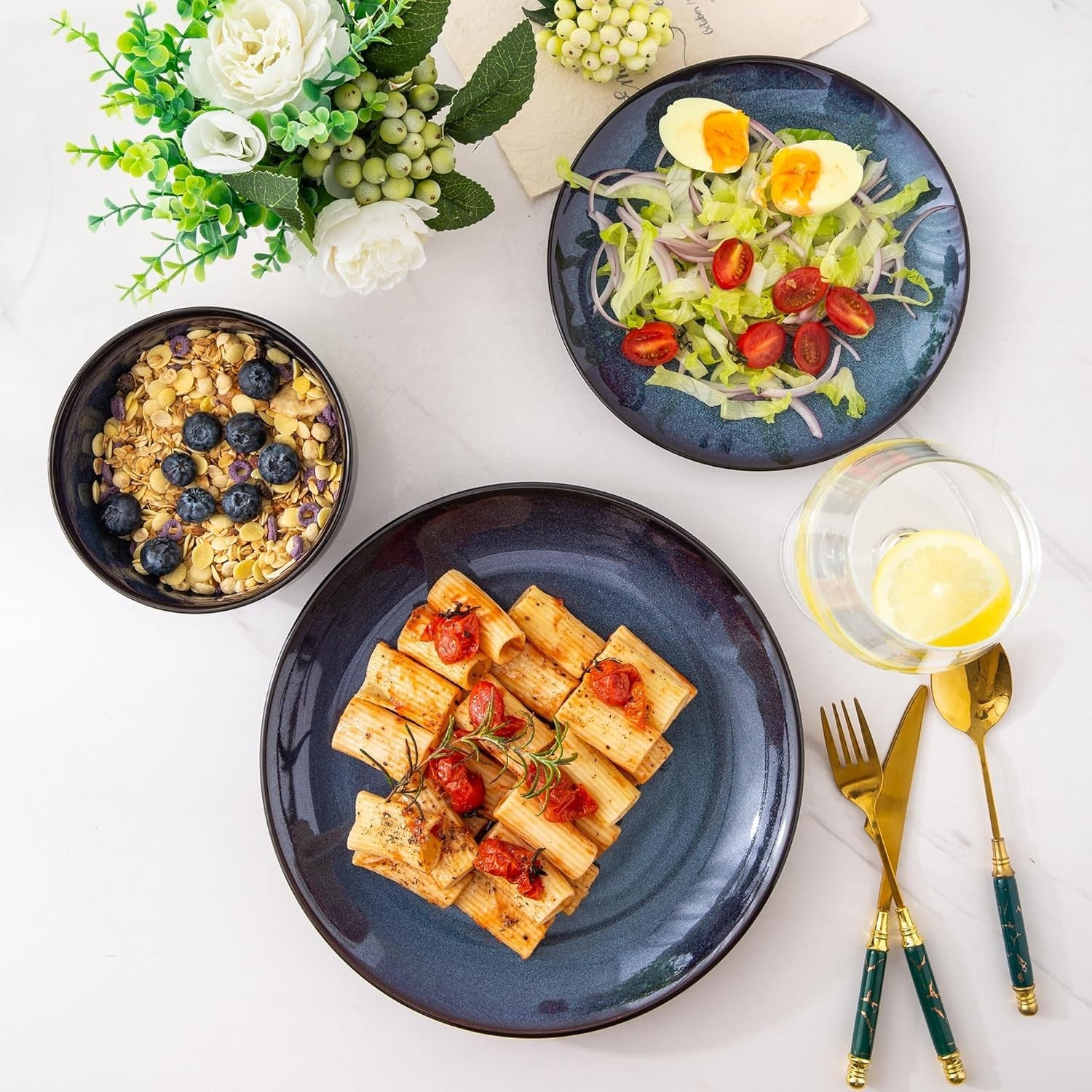 18 Piece Stoneware Dinner Set for 6 Blue Reactive Glaze Plates Bowls