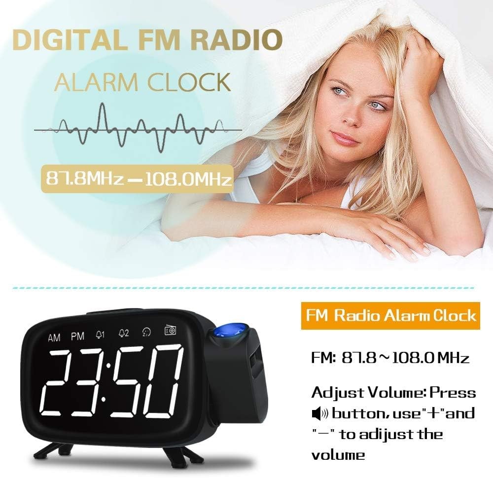 Projection Alarm Clock FM Radio 180° Ceiling Display Snooze LED Digital