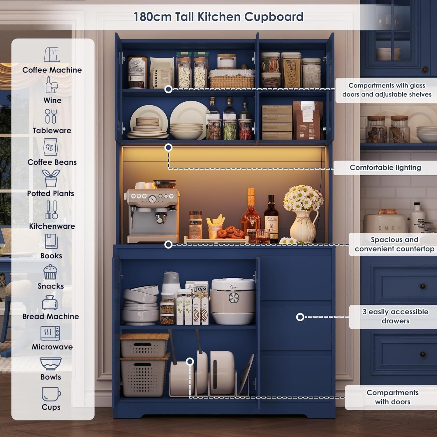 Blue Tall Kitchen Cupboard with LED, Shelves, Drawers & Power Sockets