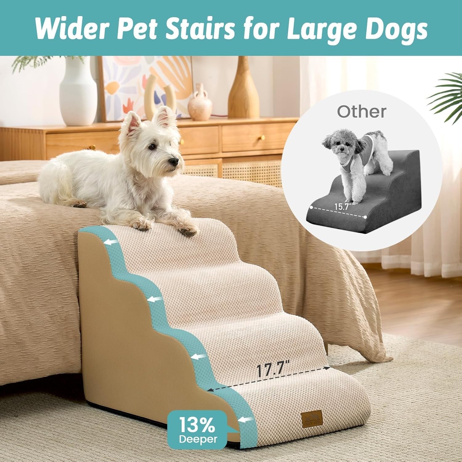 Dog Stairs 4 Step 19.7in Foam Pet Ramp for Bed Sofa Car Beige