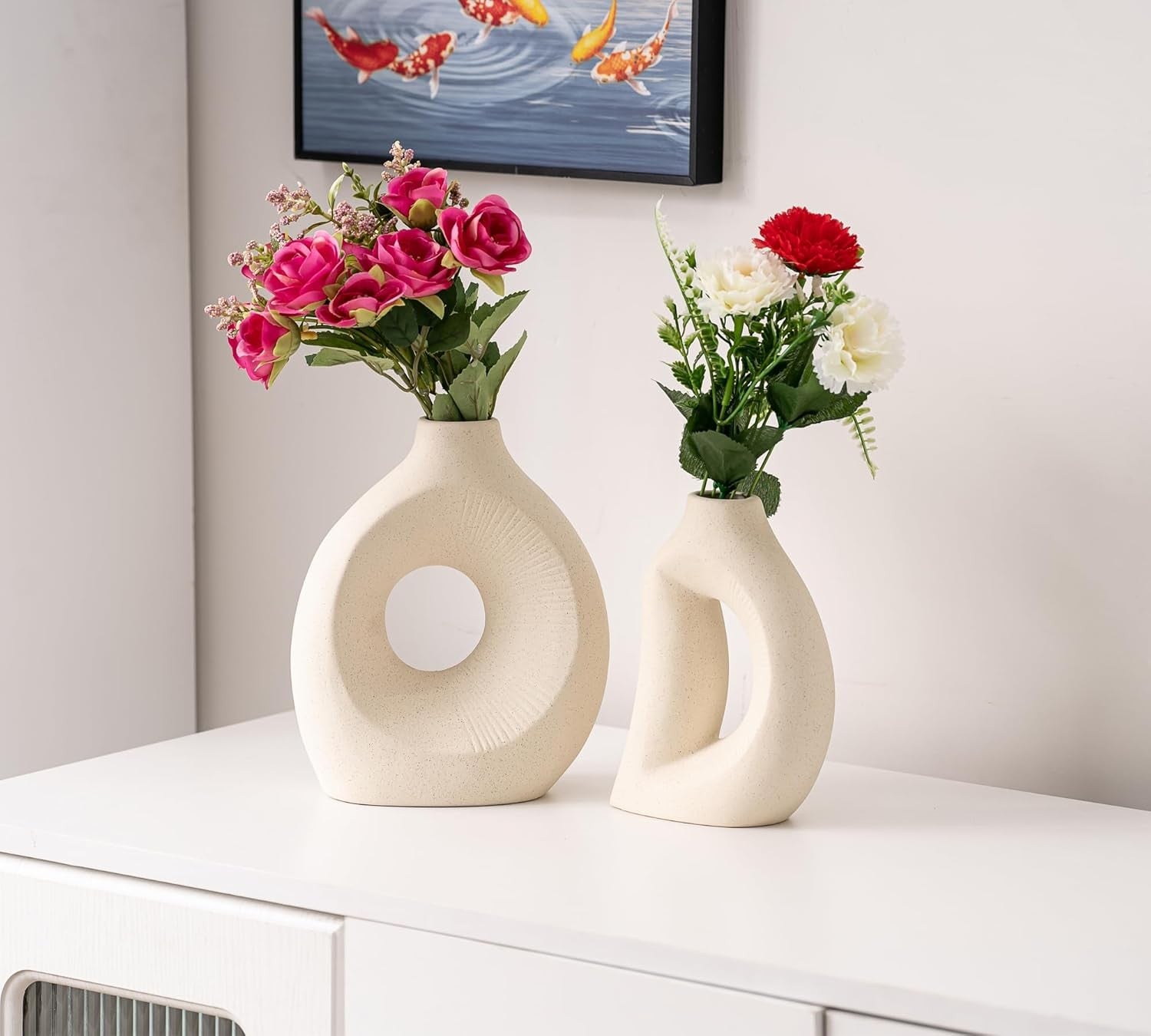 Ceramic Vase Set of 2 Minimalist Hollow White Pampas Flower Vases Decor