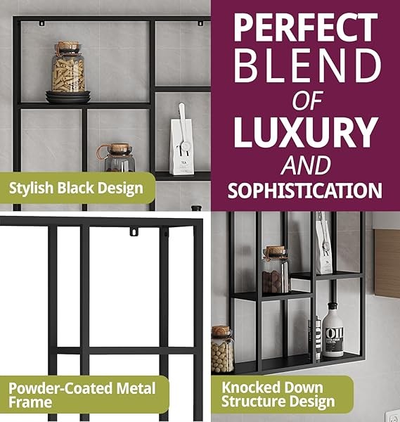 Modern Black Metal Wall Shelf Unit – Floating Display Rack for Living Room