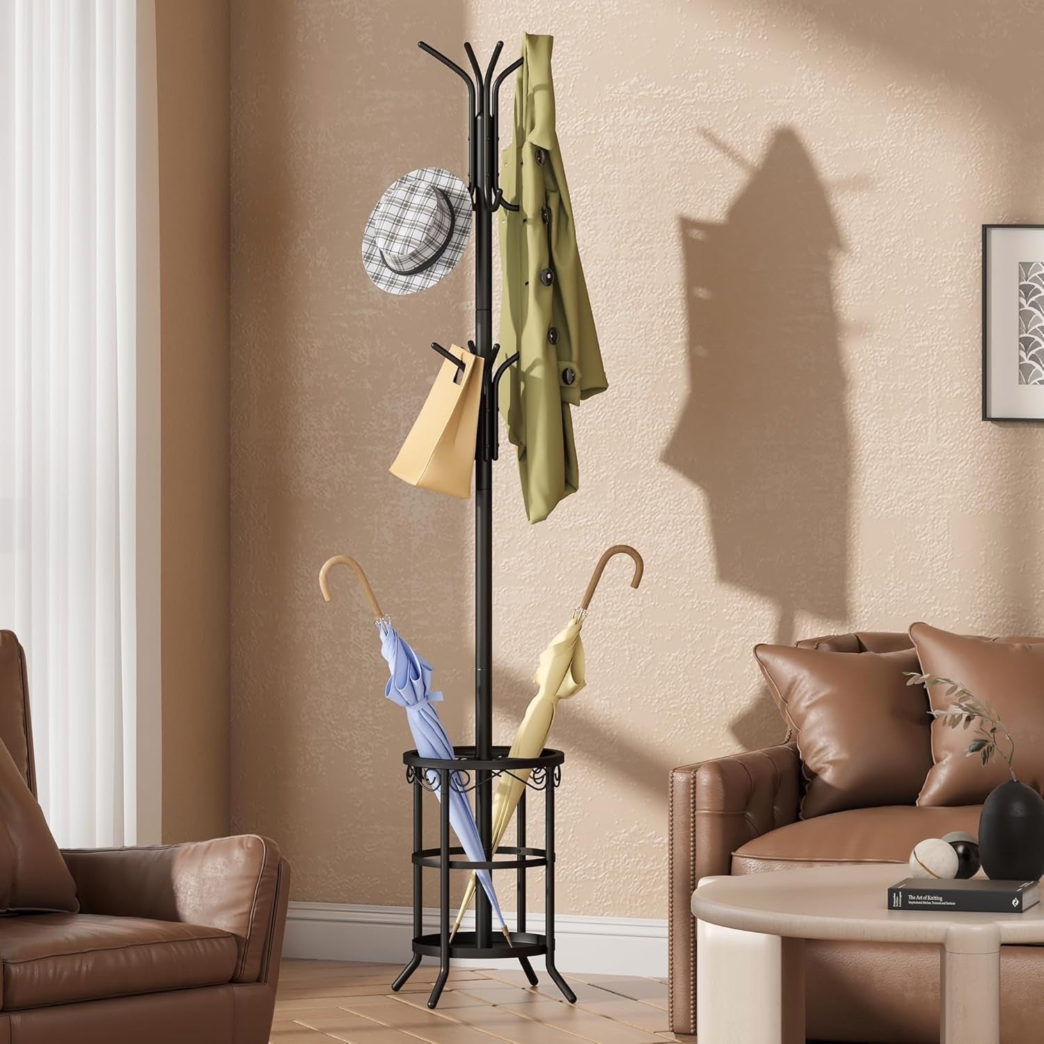 Freestanding Black Metal Coat Rack 12 Hooks with Umbrella Holder Stand