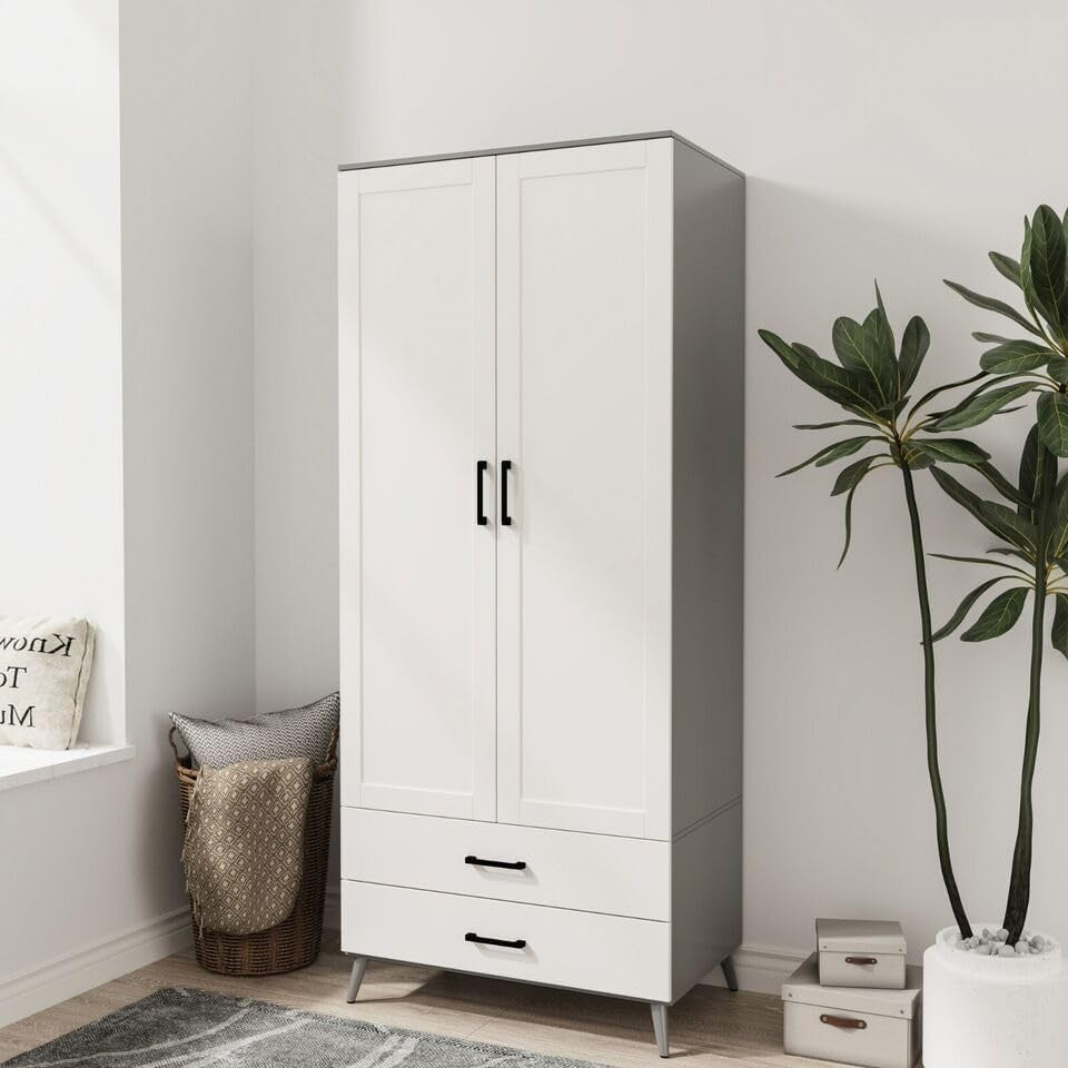 Modern Grey White Wardrobe 2 Doors 2 Drawers – Bedroom Clothes Storage