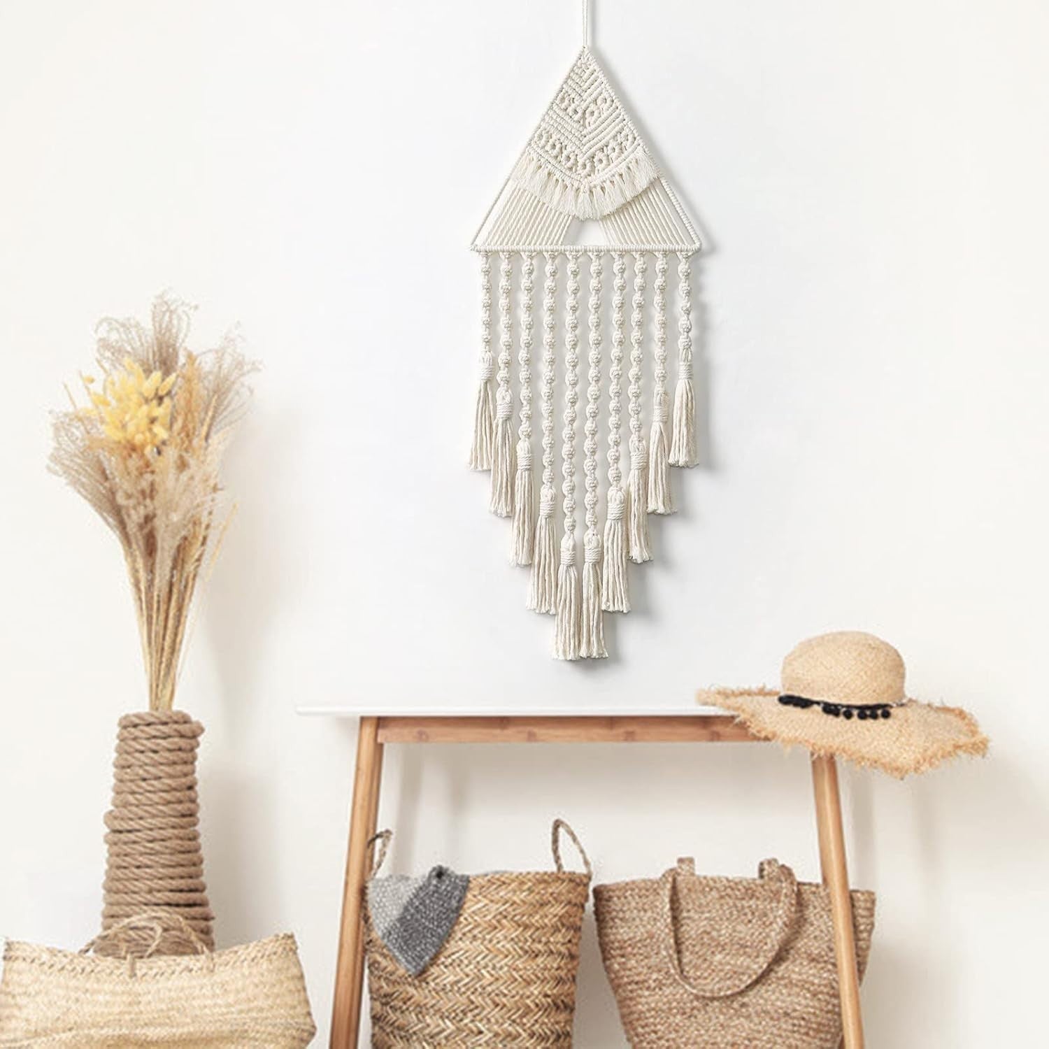 Beige Triangle Macrame Wall Hanging Boho Tassel Decor 70cm