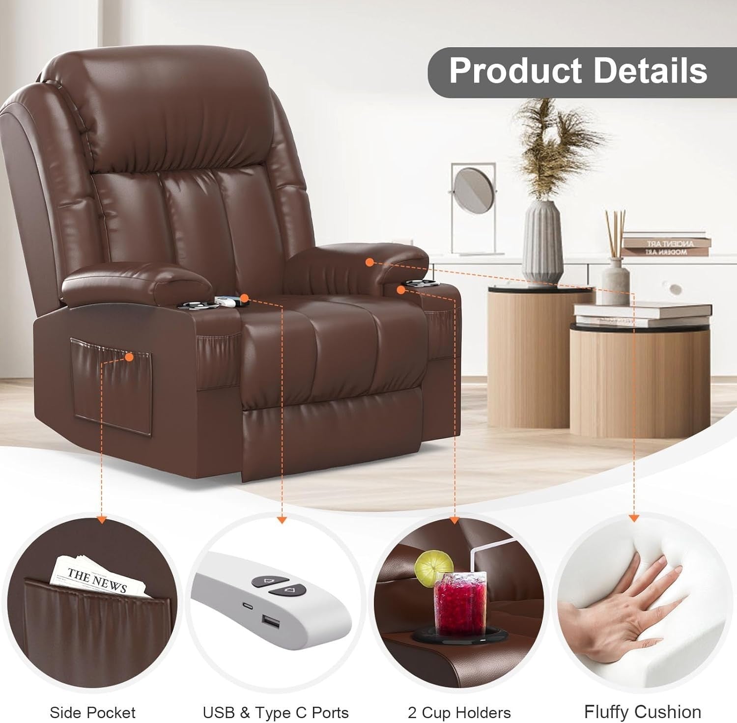 Power Lift Recliner Chair Massage Heat USB Ports Cup Holders Extended Footrest