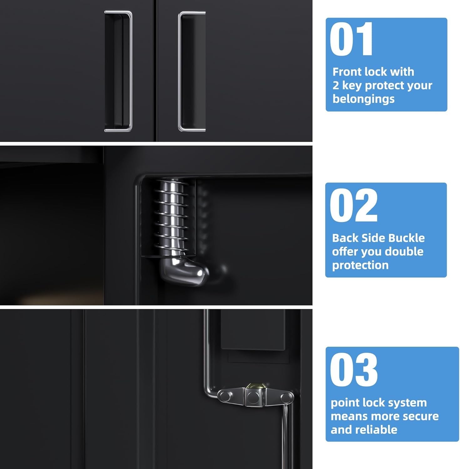 Metal Storage Cabinet 2 Doors 3 Adjustable Shelves Lockable Steel Cupboard Black