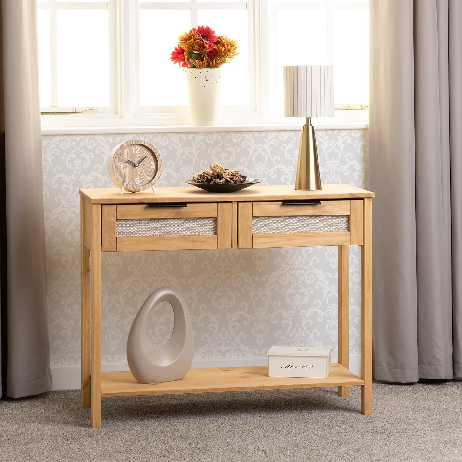 Rustic Pine Console Table 90x35x73cm with Rattan Drawers & Shelf