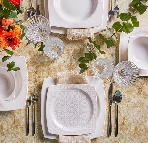 24pc White Porcelain Dinner Set Square Plates Bowls Elegant Tableware