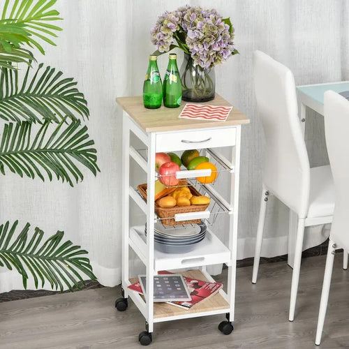 White Kitchen Trolley with Drawer & Baskets – Compact Rolling Island