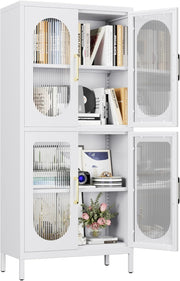 White Metal Office Storage Cabinet 4 Doors Adjustable Shelves 155H