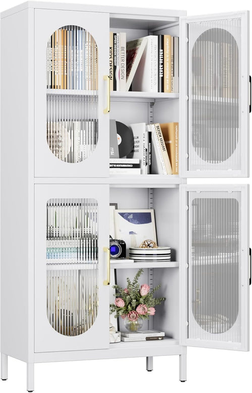 White Metal Office Storage Cabinet 4 Doors Adjustable Shelves 155H