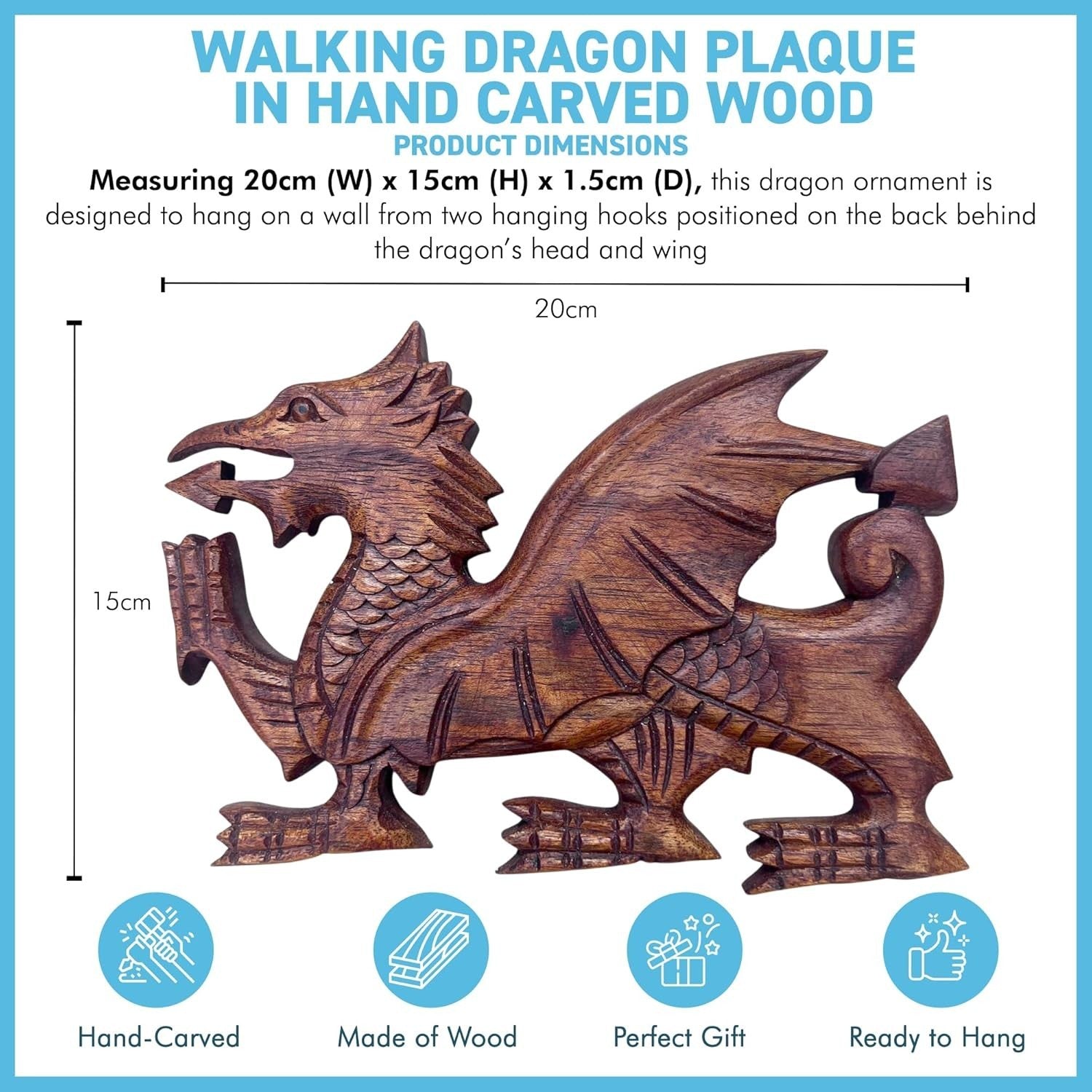 Wooden Dragon Wall Plaque Hand-Carved Decor | Welsh Dragon Ornament | 23cm