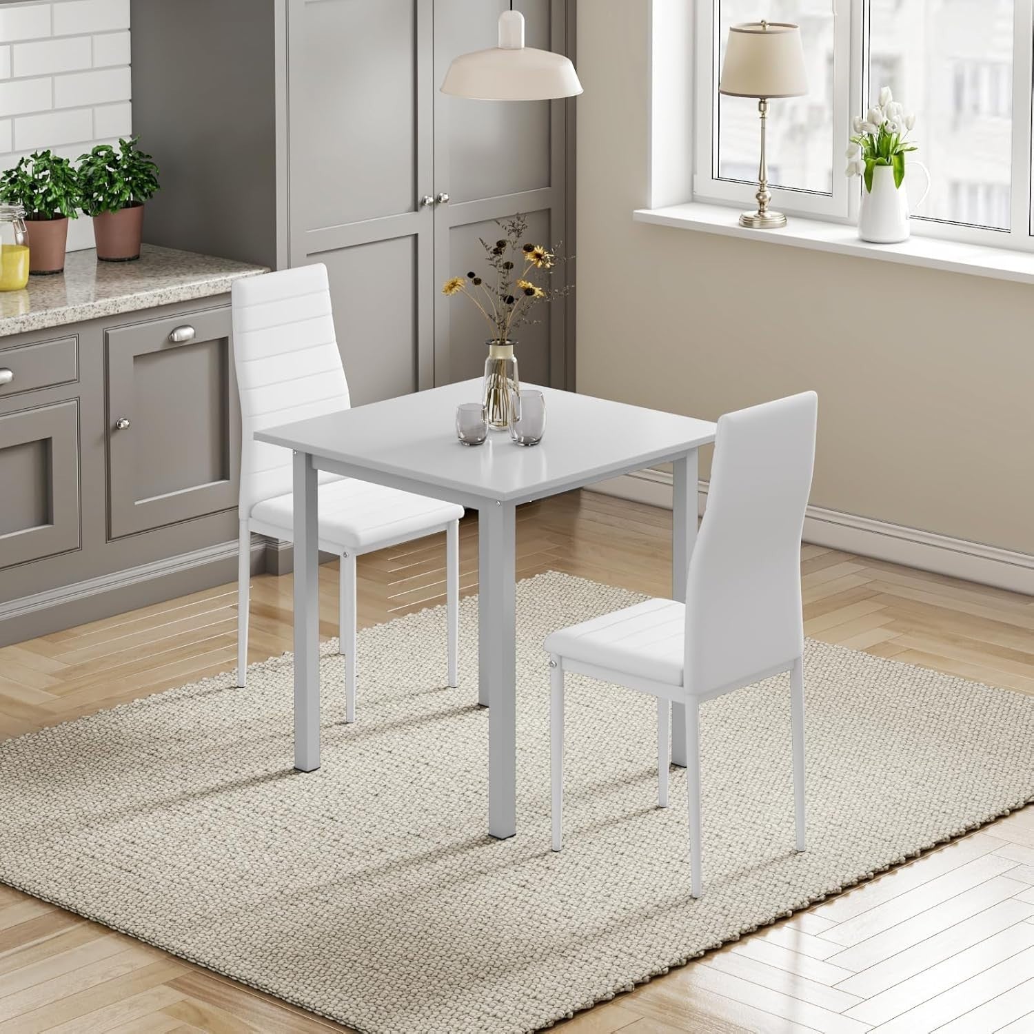 Modern Square Dining Table Set with 2 Faux Leather Chairs – Compact & Durable