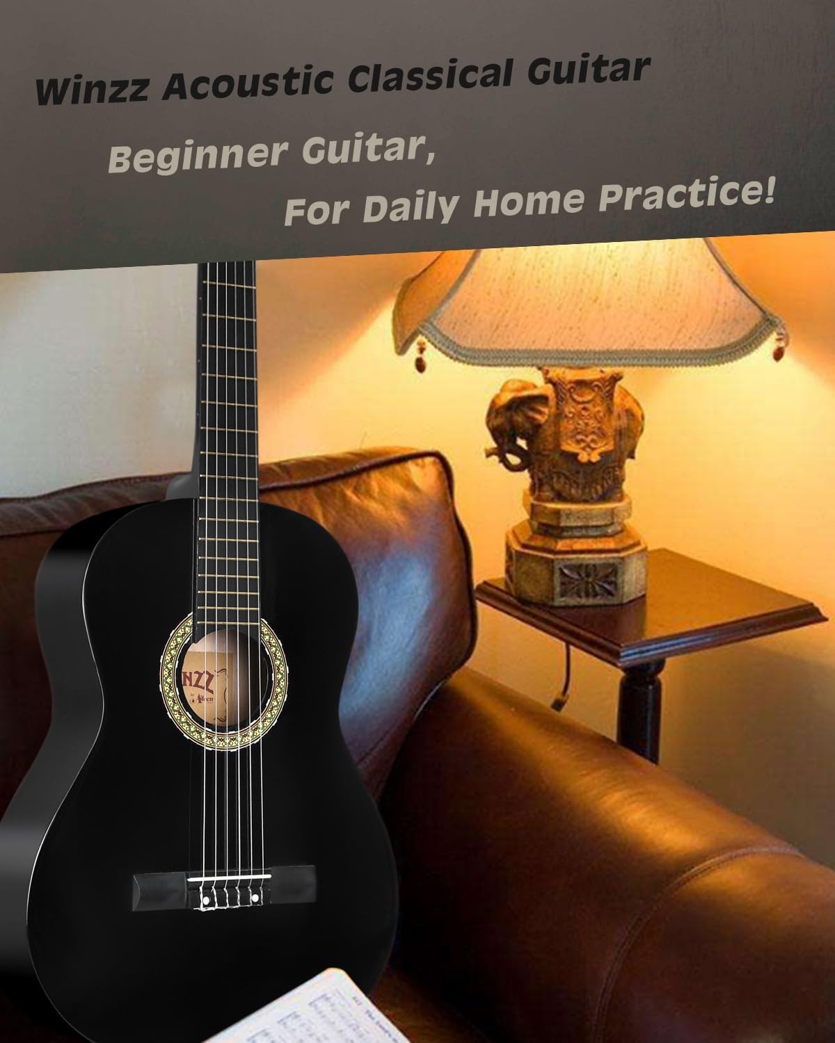 39in 4/4 Classical Guitar Nylon String Black Starter Kit