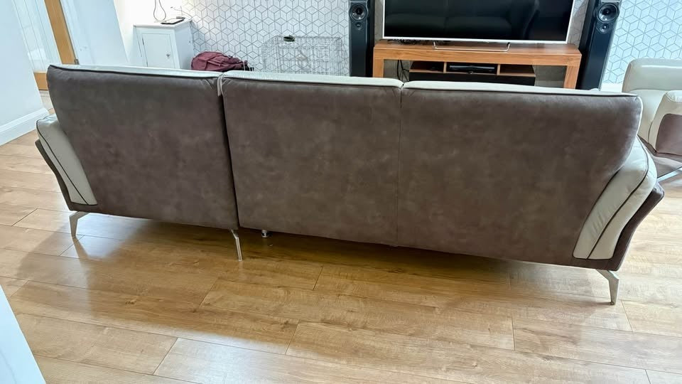 Large Grey Toned Leather Corner Sofa + Armchair (PTP)