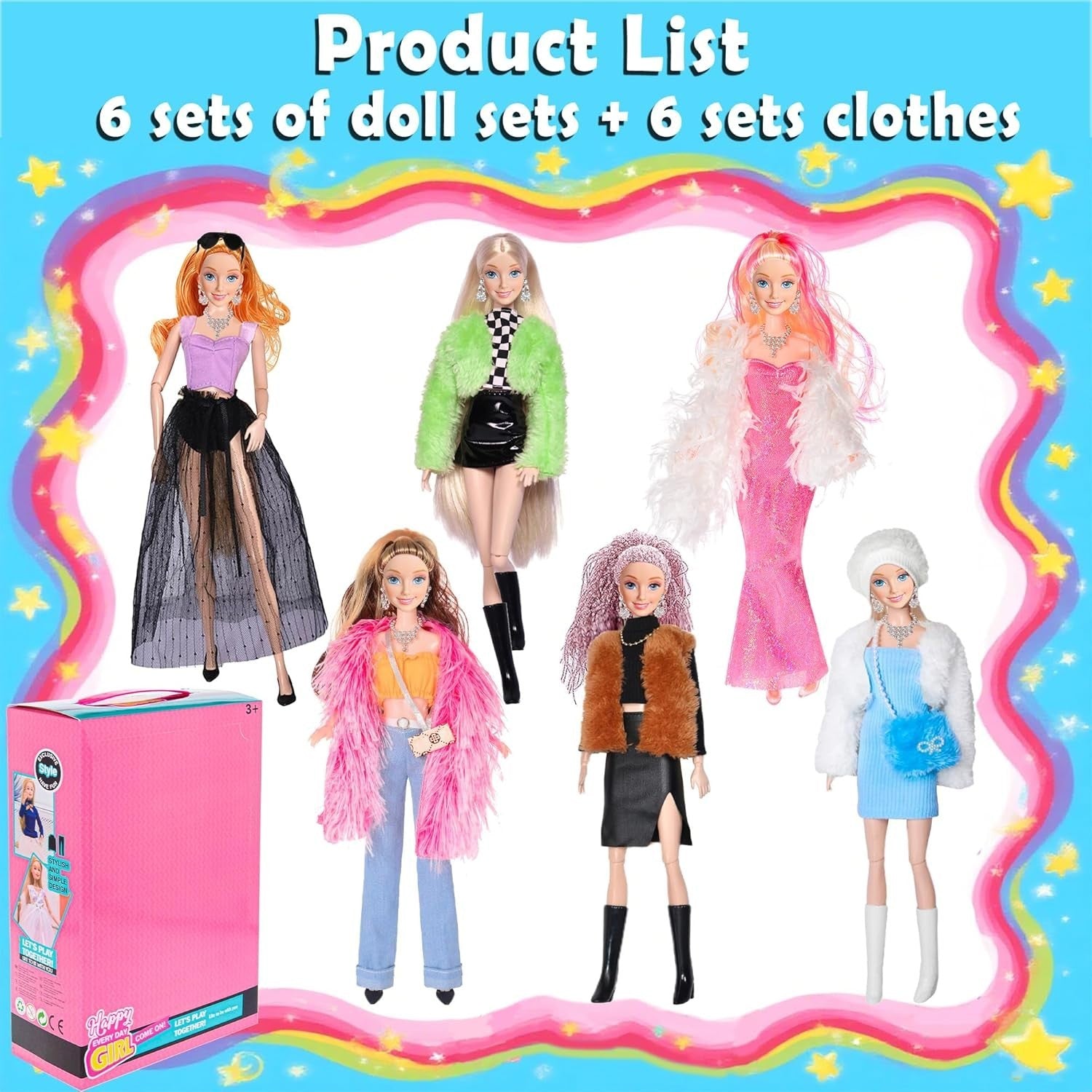 11.5 Inch Princess Dolls Set 6 Pack Fashion Dolls w/ Dresses Accessories