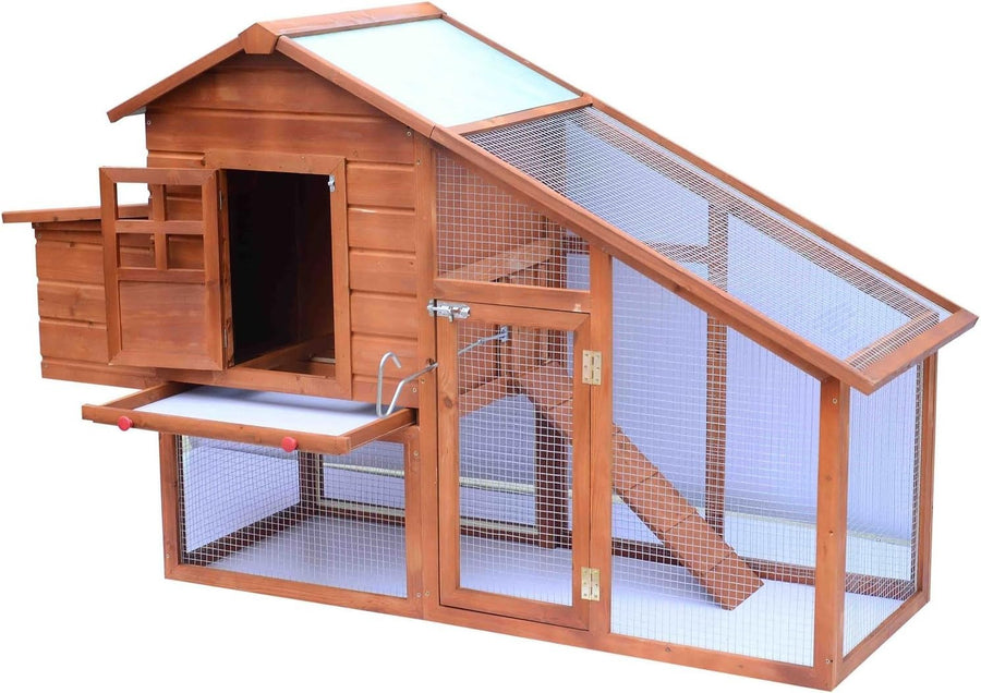 Wooden Chicken Coop with Run Nest Box Easy Clean Tray Outdoor Hen House