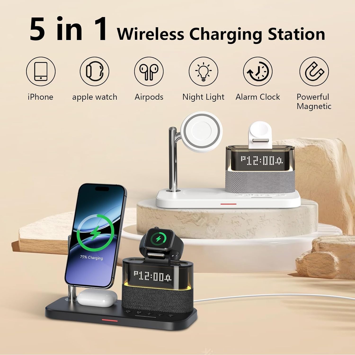 Wireless Charging Station Alarm Clock Fast Charger Stand Night Light