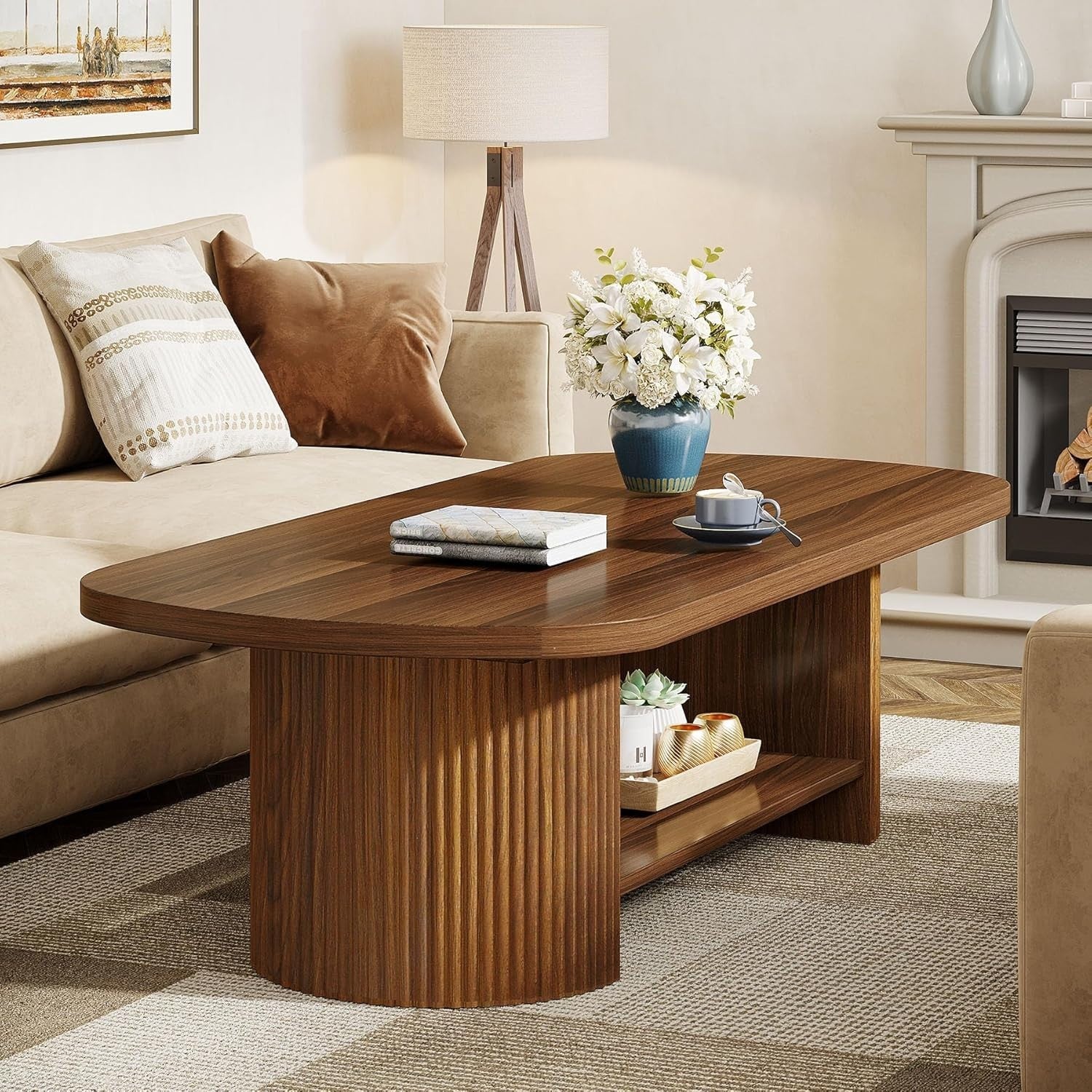 Oval 2-Tier Coffee Table with Storage Shelf, Mid-Century Rustic Brown 115cm