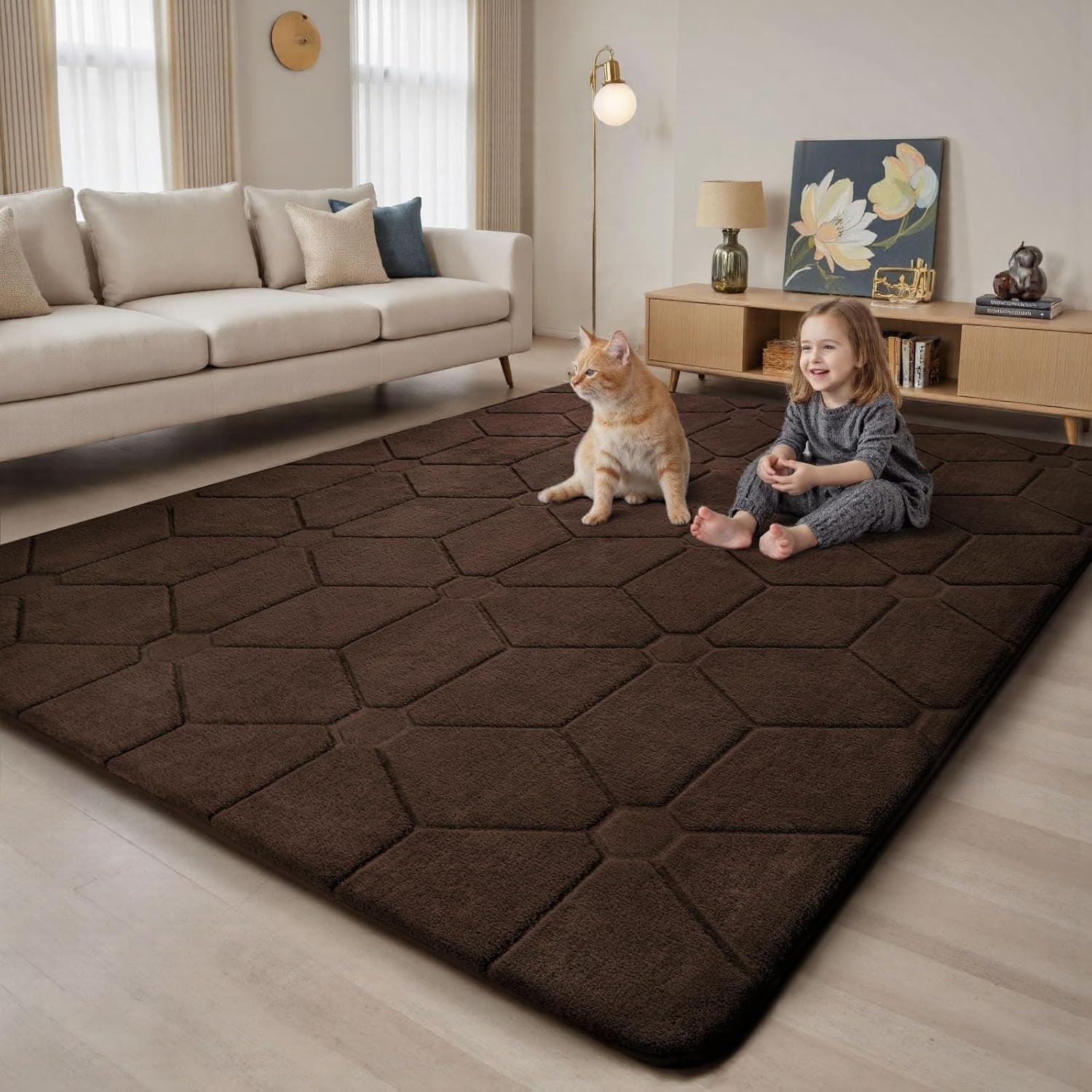 Coffee Brown Area Rug 140x200cm Short Pile Washable Anti Slip Living Room