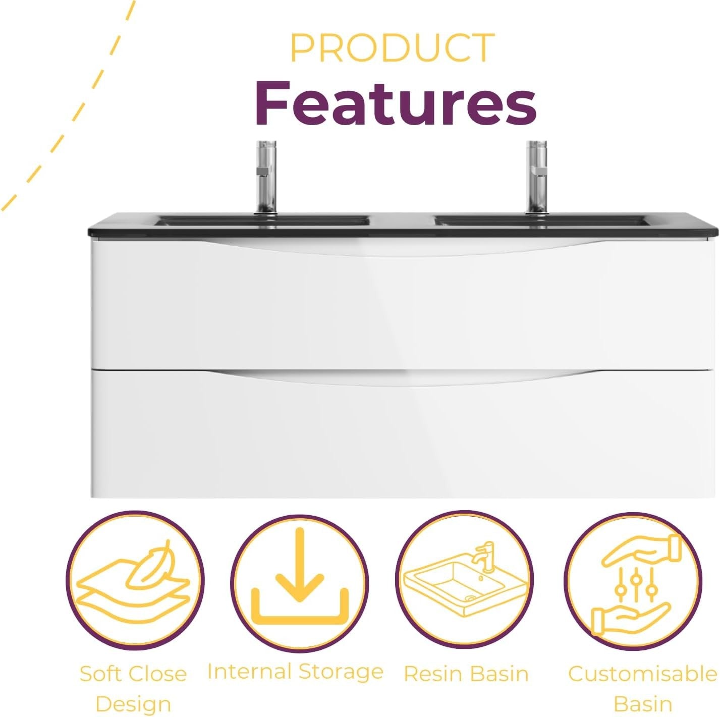 1200mm Wall Hung Vanity Unit White Gloss with Double Grey Glass Basin