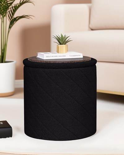 Black Round Storage Ottoman Footstool 3-in-1 Seat with Lid 43x43x45cm