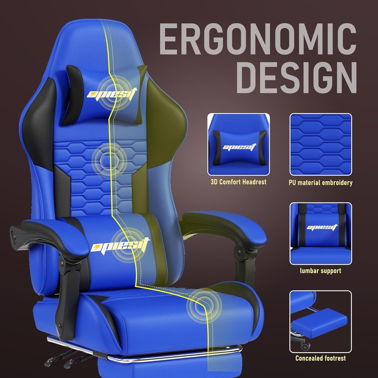 Ergonomic Gaming Chair with Footrest Reclining Blue Swivel