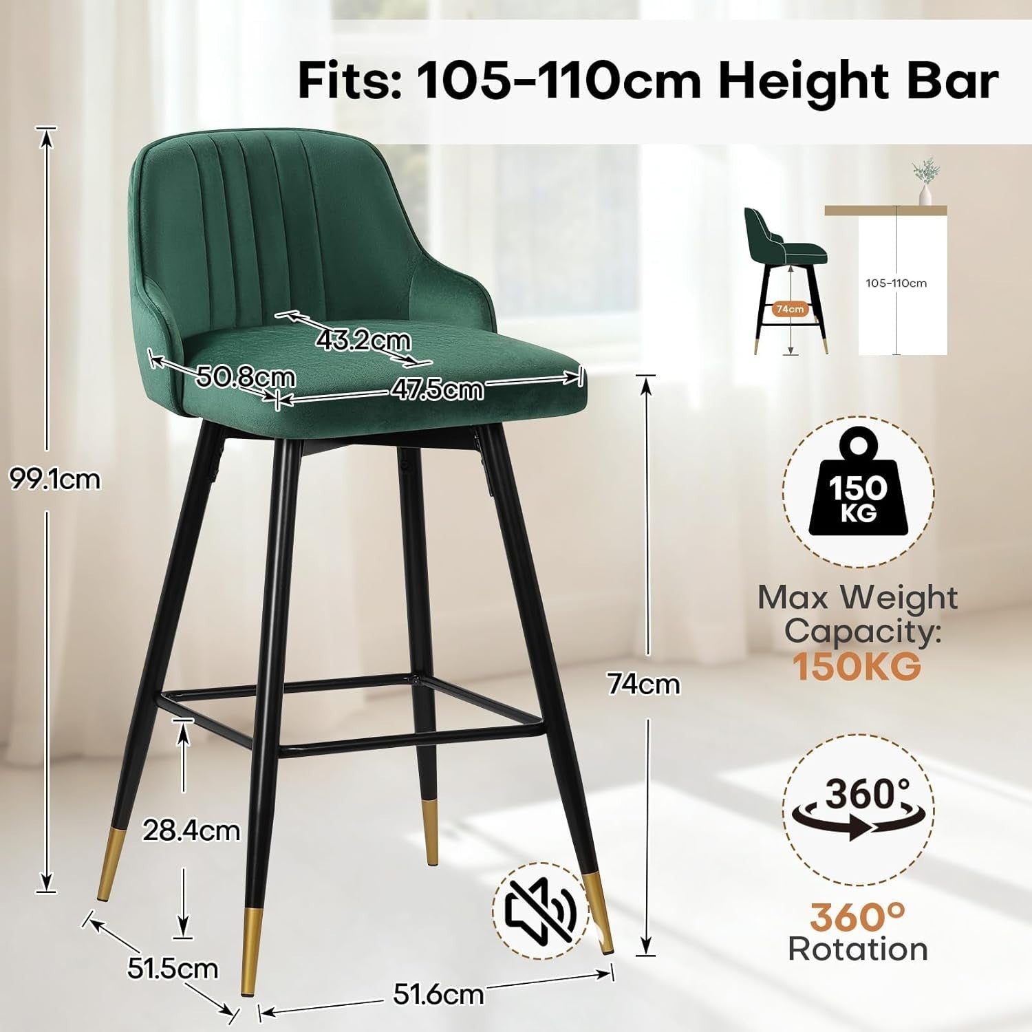 Green Velvet Swivel Bar Stools Set of 2 – Luxury Bar Height Chairs