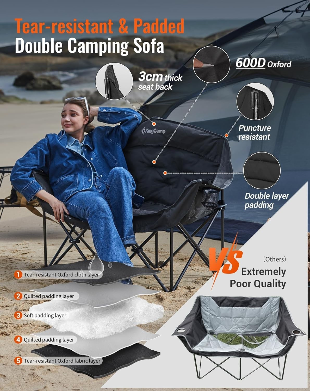 660lbs Heavy Duty Folding Camping Sofa Chair 2 Seater Outdoor Padded