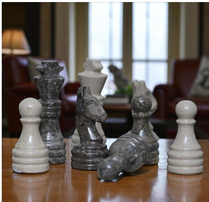 Luxury Marble Chess Set 10x10” Oceanic Grey Stone Board + Handcrafted Pieces