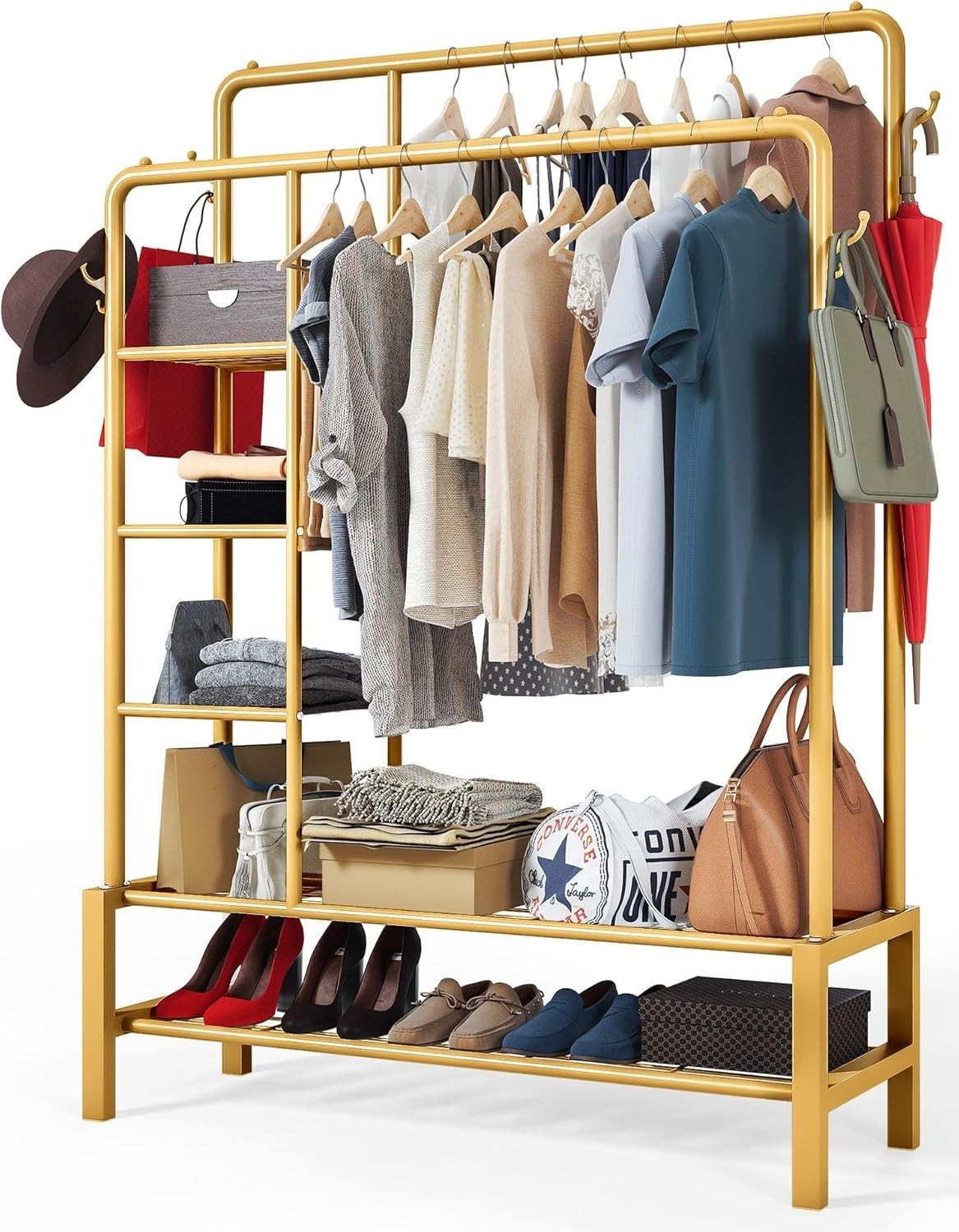 Heavy Duty Gold Clothes Rail 120KG Double Hanging Rack With Shelves