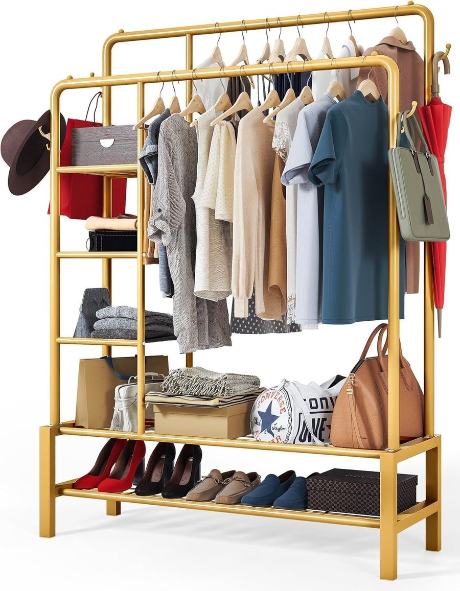 Heavy Duty Gold Clothes Rail 120KG Double Hanging Rack With Shelves