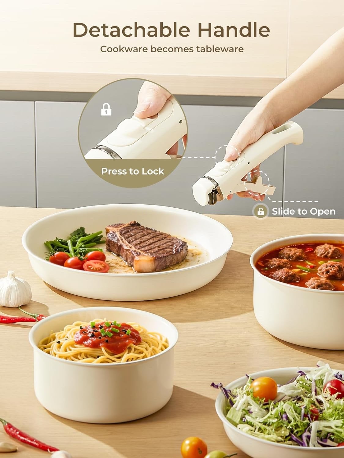 8Pcs Beige Ceramic Non-Stick Cookware Set with Detachable Handles & Lids