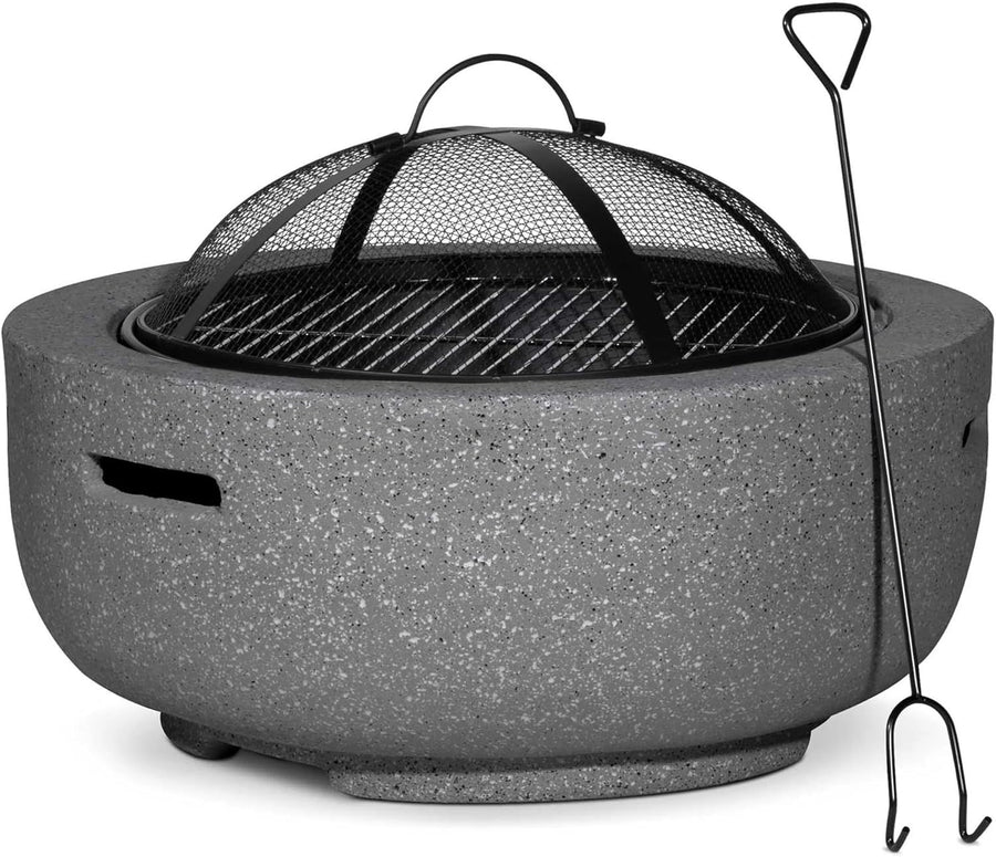 60cm Outdoor Fire Pit with BBQ Grill, Heat-Resistant MgO Stone Effect