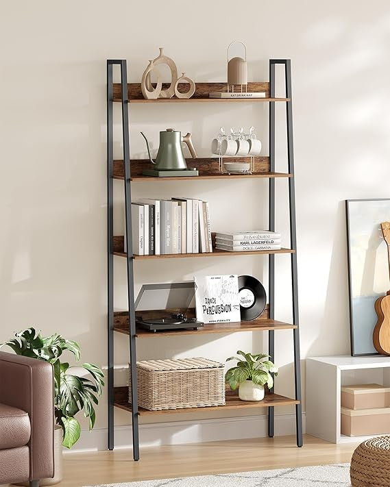 5-Tier Industrial Ladder Shelf Bookcase Freestanding Rustic Brown Metal Frame