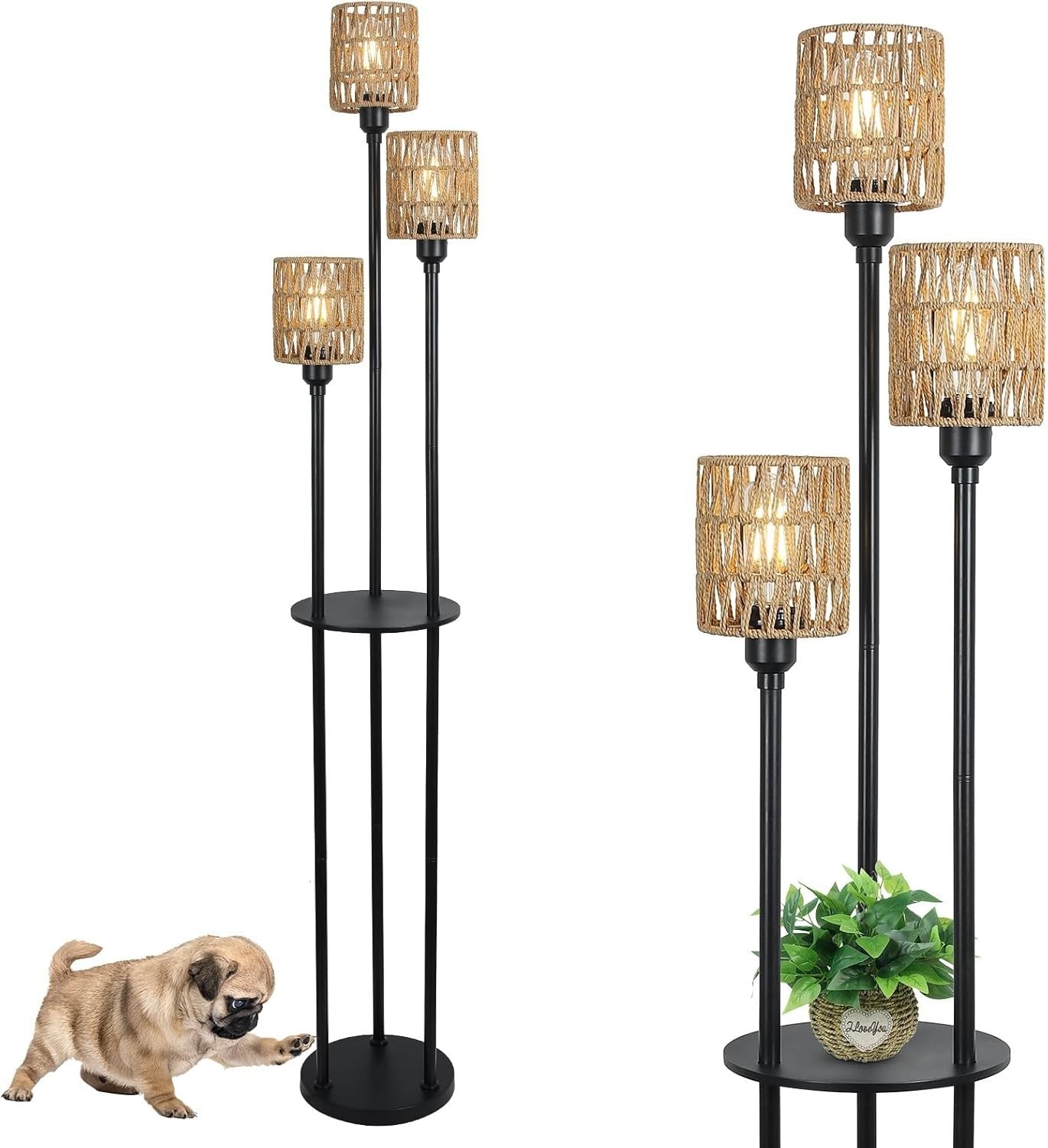 3-Light Boho Rattan Floor Lamp with Shelves, Foot Switch & Rustic Charm