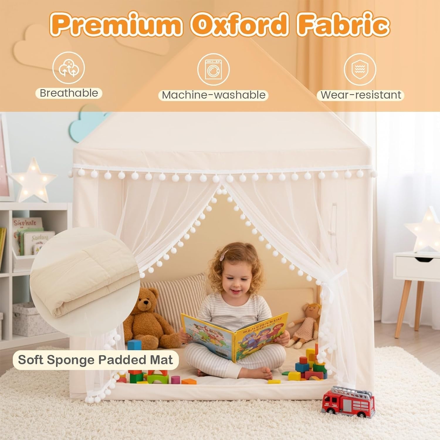 Large Wooden Kids Play Tent Indoor Outdoor Castle w Washable Mat
